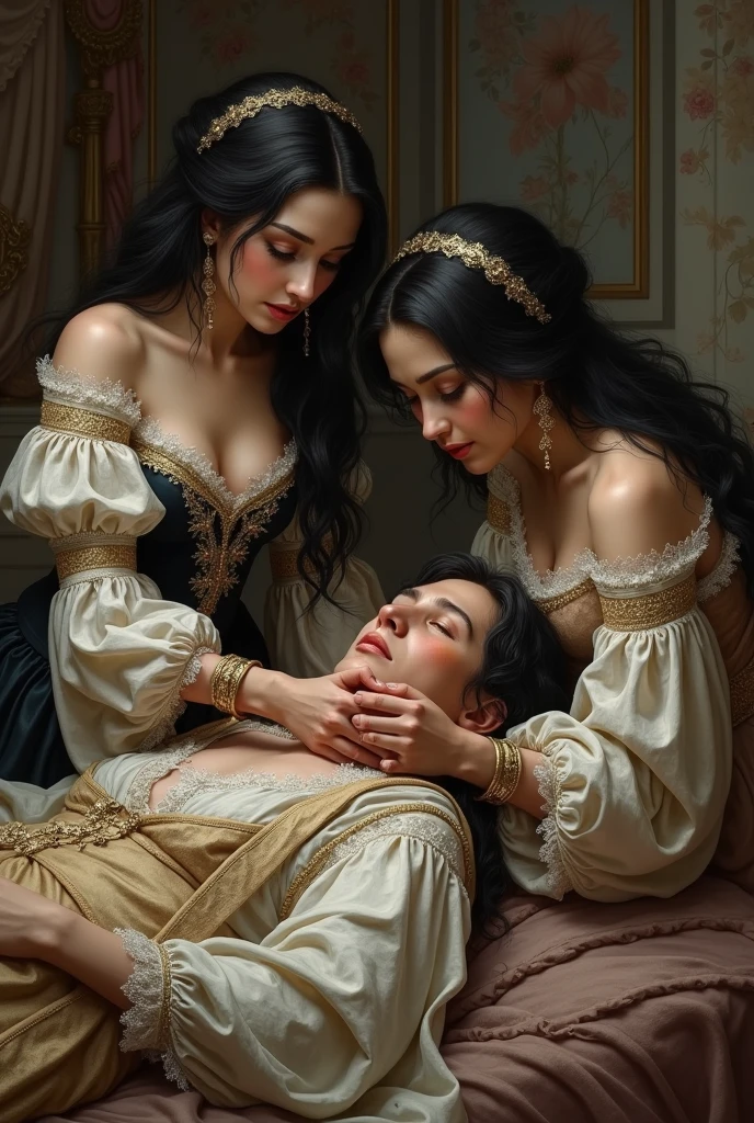 Generate a woman caring for a sick person Girls Black  hair  , Baroque style Two girls, two Women 