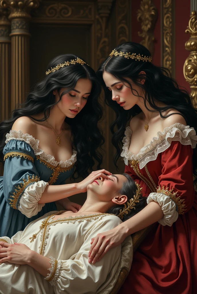 Generate a woman caring for a sick person Girls Black hair , Baroque style Two girls, two Women