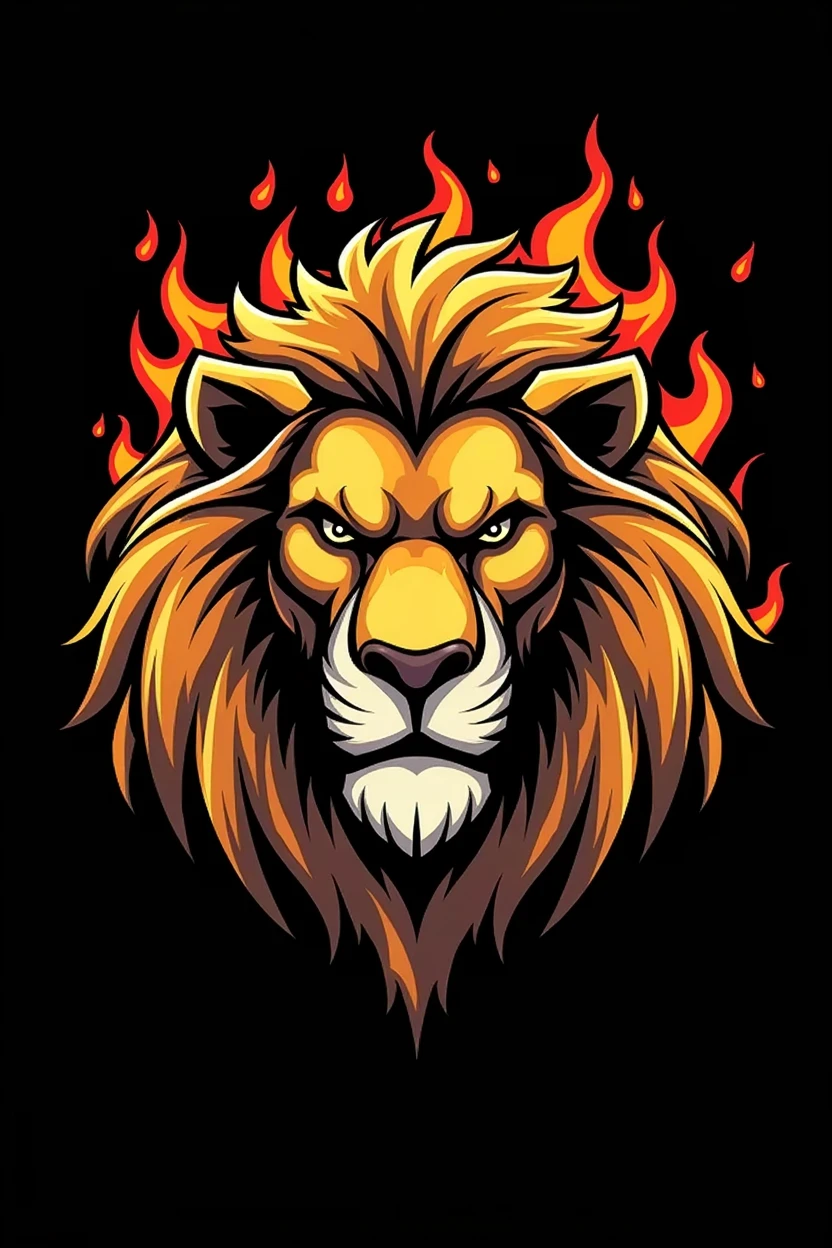 Photo of a very muscular and buff lion
for a very cartoon gym logo
only the pure head with golden mane
black background and fire in the background
for a gym logo sketch