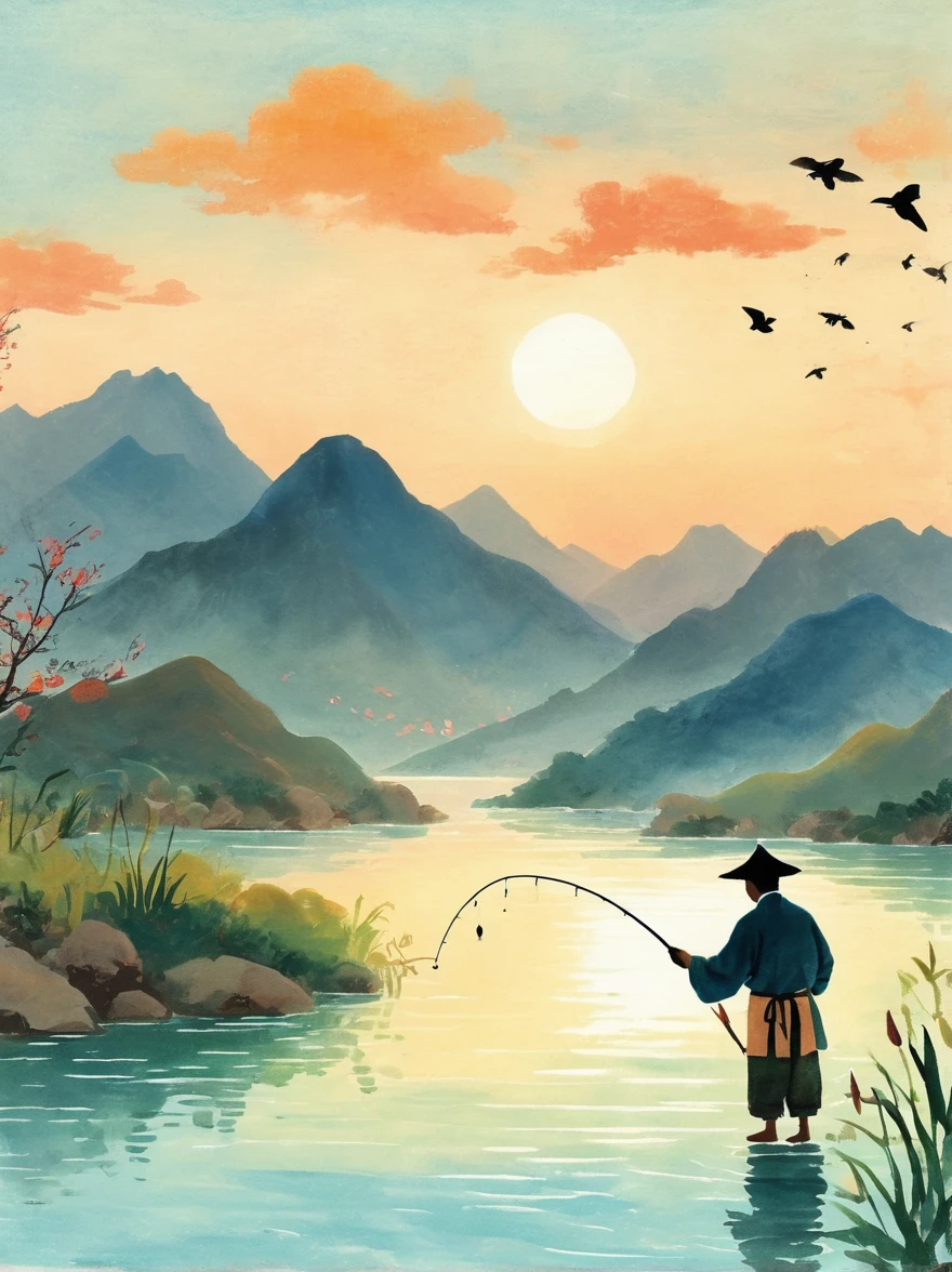 A silhouette of an angler casting their line into the water at sunset, with mountains in the background and calm waters reflecting orange hues, The scene is depicted in the style of Chinese artist Zhang Daqian