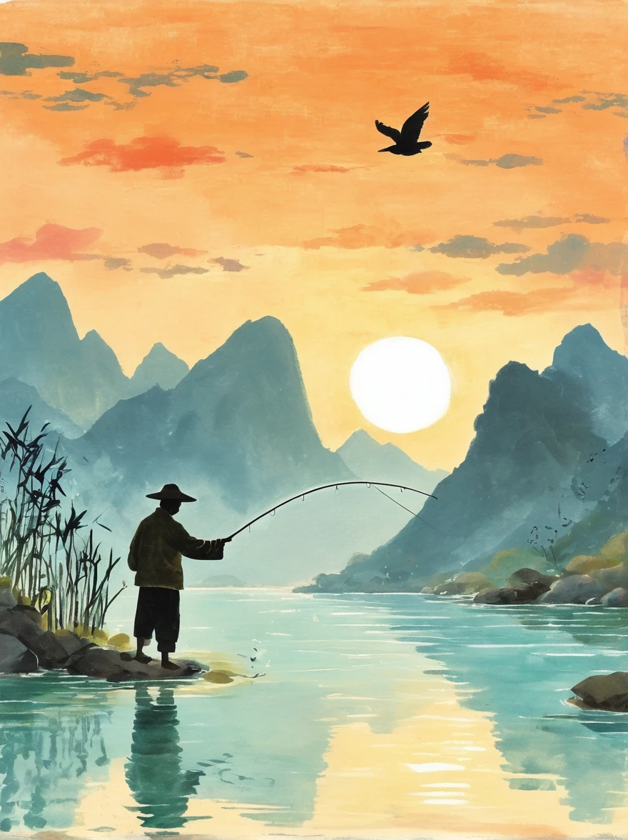 A silhouette of an angler casting their line into the water at sunset, with mountains in the background and calm waters reflecting orange hues, The scene is depicted in the style of Chinese artist Zhang Daqian