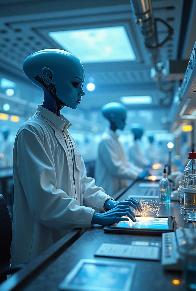 crie os Arcturianos, extraterrestrial beings with healing power, considered celestial or of light, depict some of them in a laboratory doing genetic research, they are endowed with great diplomacy and intelligence, must be tall beings, with soft blue skin and big black eyes, wear clothes with advanced technology and white, their heads are bald and normal