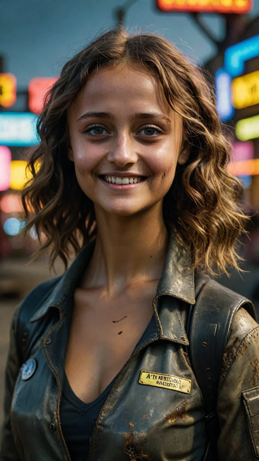 a smiling Ella Purnell, detailed portrait, Fallout post-apocalyptic environment, highly detailed, masterpiece, 8k, photorealistic, hyper-realistic, cinematic lighting, dramatic lighting, intricate details, sharp focus, vivid colors, dynamic pose, confident expression, retro-futuristic, retrofuturism, cyberpunk, science fiction, retrofuturistic technology, neon lights, dystopian, gritty, moody, atmospheric. >incredible photorealistic eye detai.l>incredible photorealistic face detail.>incredible photorealistic youth body detail.>ideally proportioned teeth.
((insane quality))
((super-resolution))
((precise details of all objects in the frame))