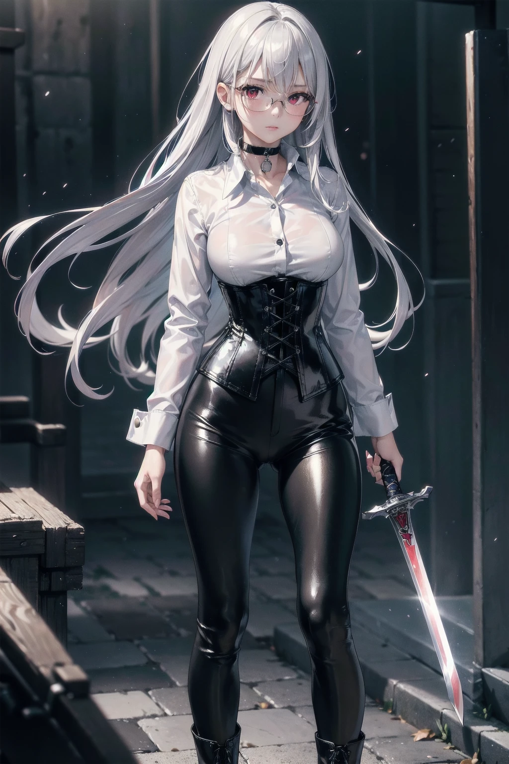 masterpiece, Superior image quality, High resolution, 4k image,Photo and gross, photorealistic, ung girl of 18 years old, standing, {Alone},{{{vagina}}}, beautiful face, long silver hair, scarlet red eyes, very detailed eyes, shy expression, glasses choker:1.6, (white collar button down shirt white long sleeve), black gloves, gloves covering the hands, (wielding a sword with the right hand), (black leather corset), (shiny black leggings), (black leather boots), sensual lips , show details in the eyes, view from front, Dark forest, at night, atmosphere, fog