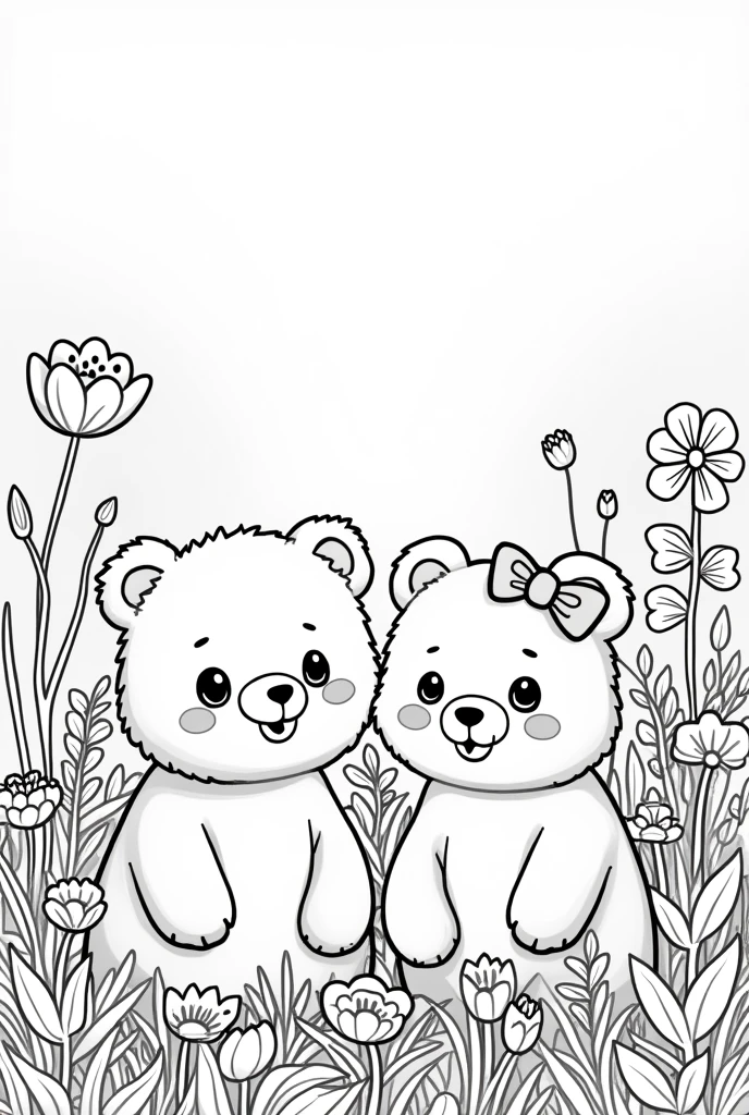 Draw me a kawaii colouring page for a kids colouring book with two kawaii bears in a field of flowers. The picture should be lineart only