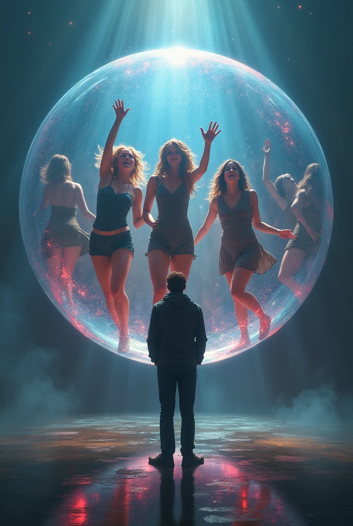 Women dancing with disco lights inside a bubble with a man outside crying with his back to them 