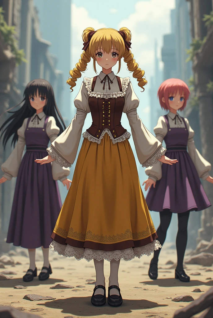 Mami tomoe wear a holandan outfit, with a corset brown with calentors of white color; her falde is color yellow with a border brown color; her gets a holandan shoes;the mami tomoe color hair is yellow with two large curlies colets; hear wear a brown color holand hay in her head; madoka kaname, homura akemi wear a japan scholar outfits in purples color  in grayzes a black tonalities, her wear a large panties color trasluset black, her shoes is a black tacons , sayaka Miki, Kyoko Sakura in a columne formation, the alrededors is in ruins an they have a battle with walpugirs natch, they stay on a cosntruction