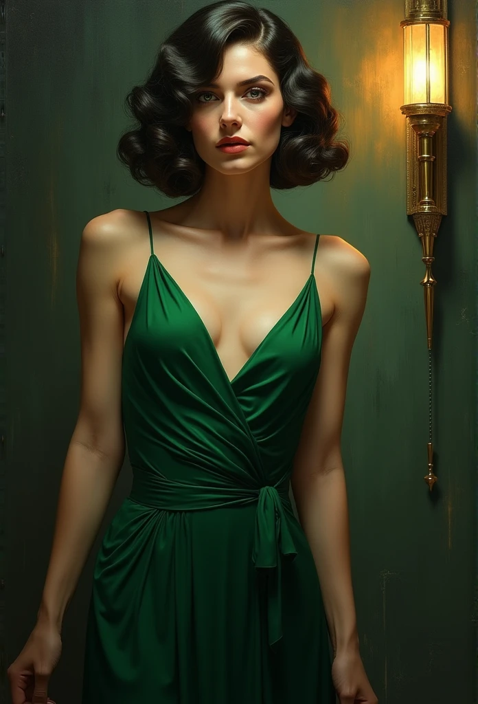 1girl,1920s woman,green dress,cubist,dark,cinematic portrait,geometric art deco painting,minimal,intricate details,dramatic lighting,high contrast,moody,chiaroscuro,elegant,striking pose,distinctive features,(best quality,4k,8k,highres,masterpiece:1.2),ultra-detailed,(realistic,photorealistic,photo-realistic:1.37),HDR,UHD,studio lighting,ultra-fine painting,sharp focus,physically-based rendering,extreme detail description,professional,vivid colors,bokeh