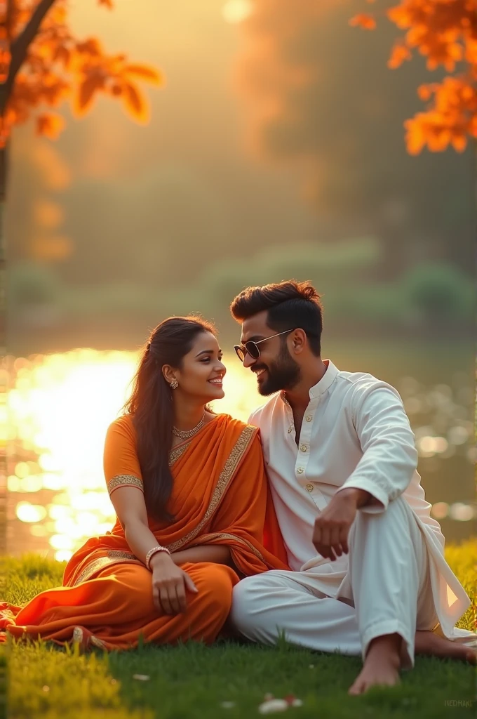 A serene and picturesque scene of a ed south Asian couple sitting side by side on a lush, green grassy area. The young woman is wearing a vibrant basunti-colored saree, and the young man is dressed in a pristine white panjabi with pajama and his hair style is very small size hair style and he wear sunglass . They both face have light smile . In the background, a beautiful pond shimmers under the golden autumn sun, and a few trees with vibrant autumn hues frame the scene. The weather is mild and perfect for this idyllic moment of connection.