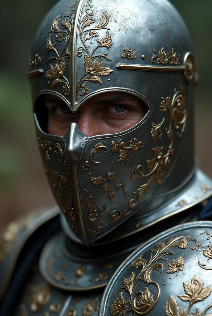 Knight close up portrait with silver and gold engraved armor with flower engravings on his helmet and armor. An epic post-war atmosphere, a complete helmet with a steel mask engraved with a silver face.