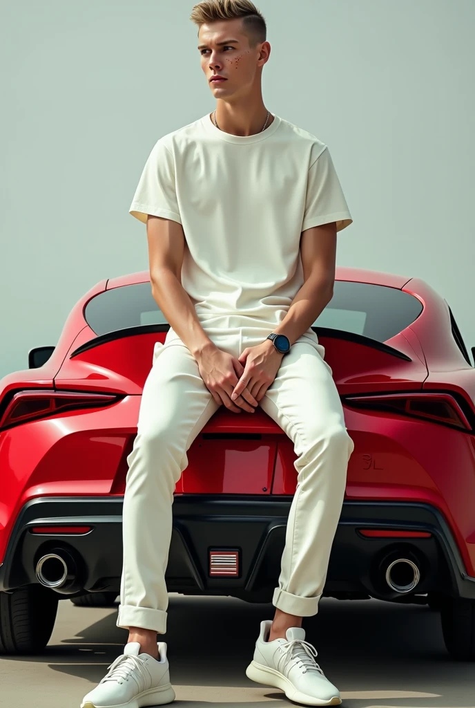 A tall man, delgado, by rubio, Freckles in the face , Wearing off-white clothing and adidas Yeezy sneakers, sitting on the trunk of a 2024 red Toyota Supra