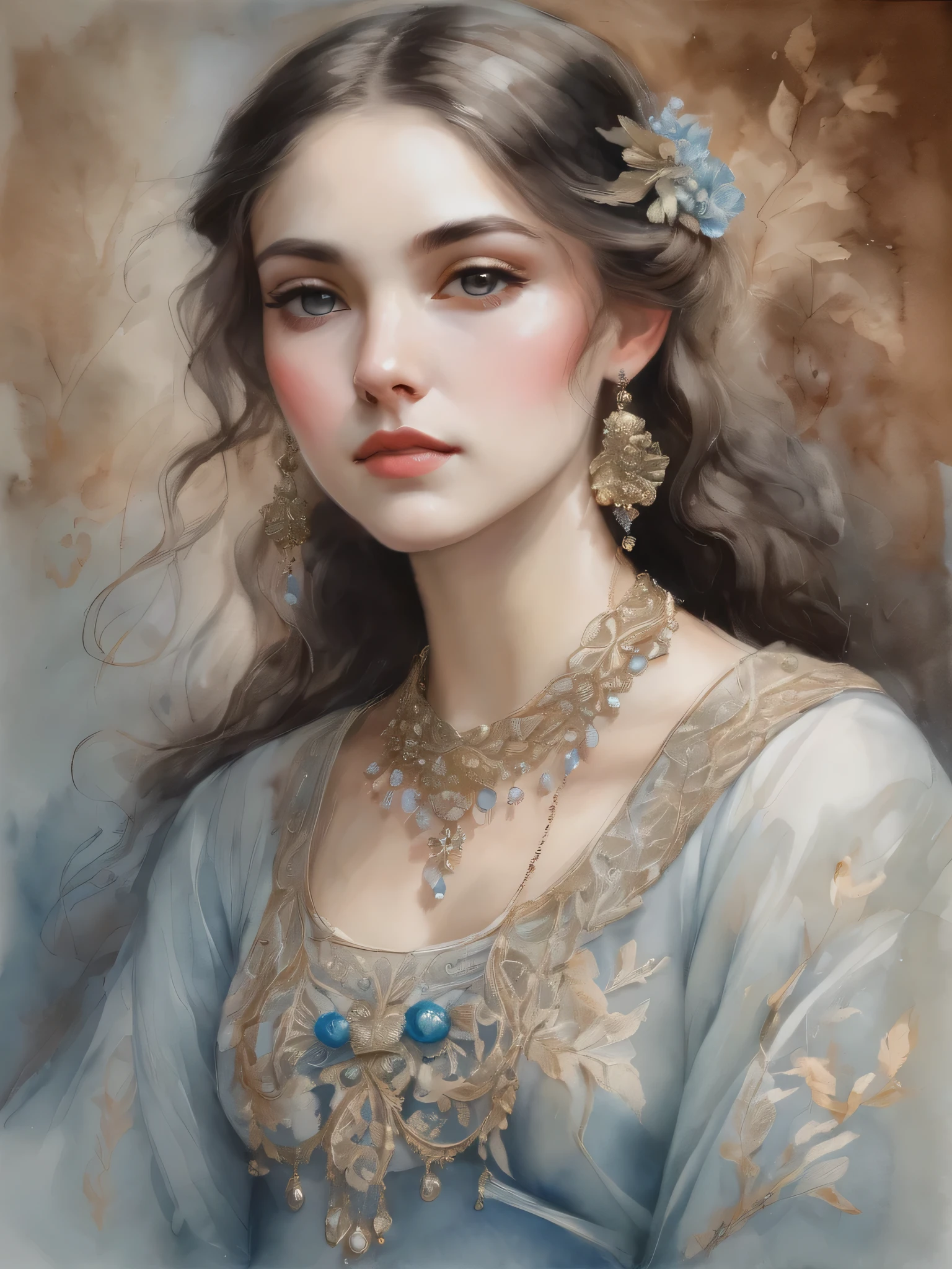 "A painting, in watercolor strokes, pastel tones depicts a beautiful woman with pale eyes, detailed eyelashes, and meticulously shaped eyebrows. Her face is exquisitely detailed, with a full mouth, lightly tanned skin, accentuated by a soft blush. Her long brown hair highlights cascade gracefully over exposed shoulders, (((Perfect Full Body))). Through the skillful use of soft colors and fluid shapes, she creates a fascinating visual experience that captures the essence of her subjects. and Bak's intimate emotions is done with tenderness and subtlety, resulting in a work of art that is both captivating and evocative capturing the golden light of the golden houer. She wears a delicate silver tiara, red stone with matching earrings and a. necklace adorned with dried flowers and leaves are subtly interwoven into her look, enhancing her ethereal presence. Her light fabric dresses, in shades of gray and soft blue, feature intricate and delicate embroidery. capturing the delicate beauty and serene elegance of the moment.