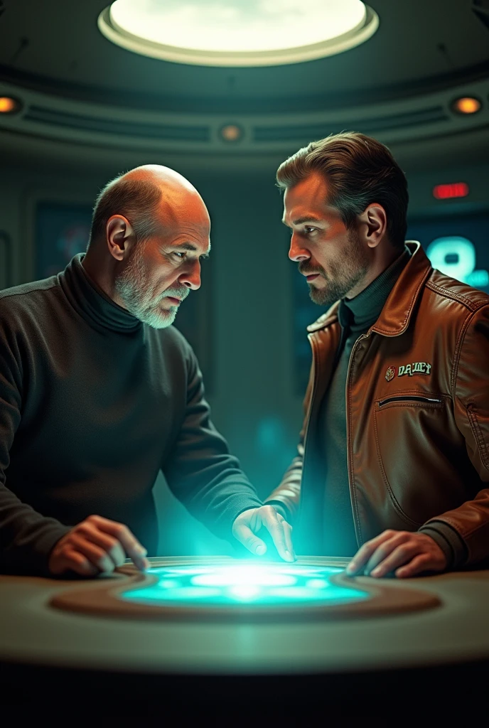 Two iconic sci-fi commanders, Captain Jean Luc Picard (Caucasian, refined features, stern expression) in Star Trek attire and Commander William Adama (North American, rugged features, determined expression) in his signature leather jacket, share a casual moment. They stand in the dimly lit interior of the Millenium Falcon, its familiar blue-green holographic game of Dejarik hovering between them. Their intense focus on the game highlights their competitive spirit, characteristic for both leaders. A single, warm tungsten light casts dramatic shadows highlighting the film grain, while a soft blue light from the game and an overhead light creates a warm, vintage atmosphere. The cinematography mirrors the filmic style of Ridley Scott, honing a balance between high-tech futurism and a raw nostalgia. Both characters are now united in a single composition, displaying contrasting attire and leader-types in a timeless sci-fi moment.