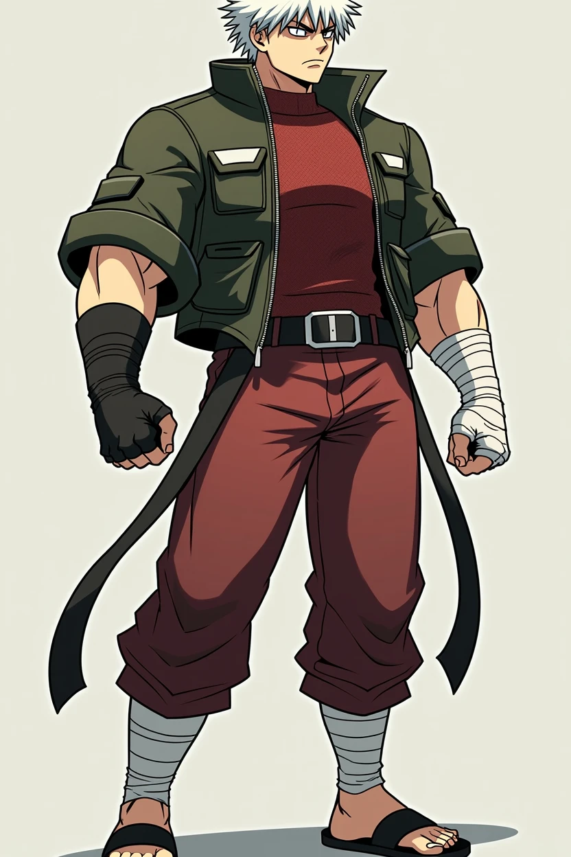A dynamic illustration of Munashi Kurotani, a young yet imposing 15-year-old character standing at 203 cm with a muscular build. He has striking white hair and eyes that add to his intense presence. Munashi is dressed in a dark red, tight-fitting shirt made from special mesh fabric with a high collar and no sleeves, paired with slightly loose red combat pants. He wears dark-colored ninja sandals and a sturdy, zipped combat jacket over the shirt. His hands are wrapped in bandages, and both legs have hip pouches with additional bandages wrapped around them. Capture him in a reflective or intense training pose, showcasing his immense physical strength. The overall mood should convey his formidable presence with anime, webtoon, and manga art styles