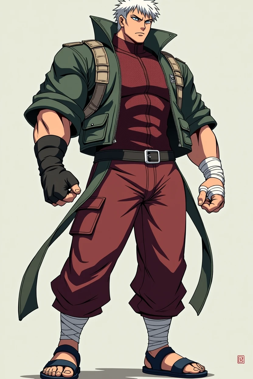A dynamic illustration of Munashi Kurotani, a young yet imposing 15-year-old character standing at 203 cm with a muscular build. He has striking white hair and eyes that add to his intense presence. Munashi is dressed in a dark red, tight-fitting shirt made from special mesh fabric with a high collar and no sleeves, paired with slightly loose red combat pants. He wears dark-colored ninja sandals and a sturdy, zipped combat jacket over the shirt. His hands are wrapped in bandages, and both legs have hip pouches with additional bandages wrapped around them. Capture him in a reflective or intense training pose, showcasing his immense physical strength. The overall mood should convey his formidable presence with anime, webtoon, and manga art styles