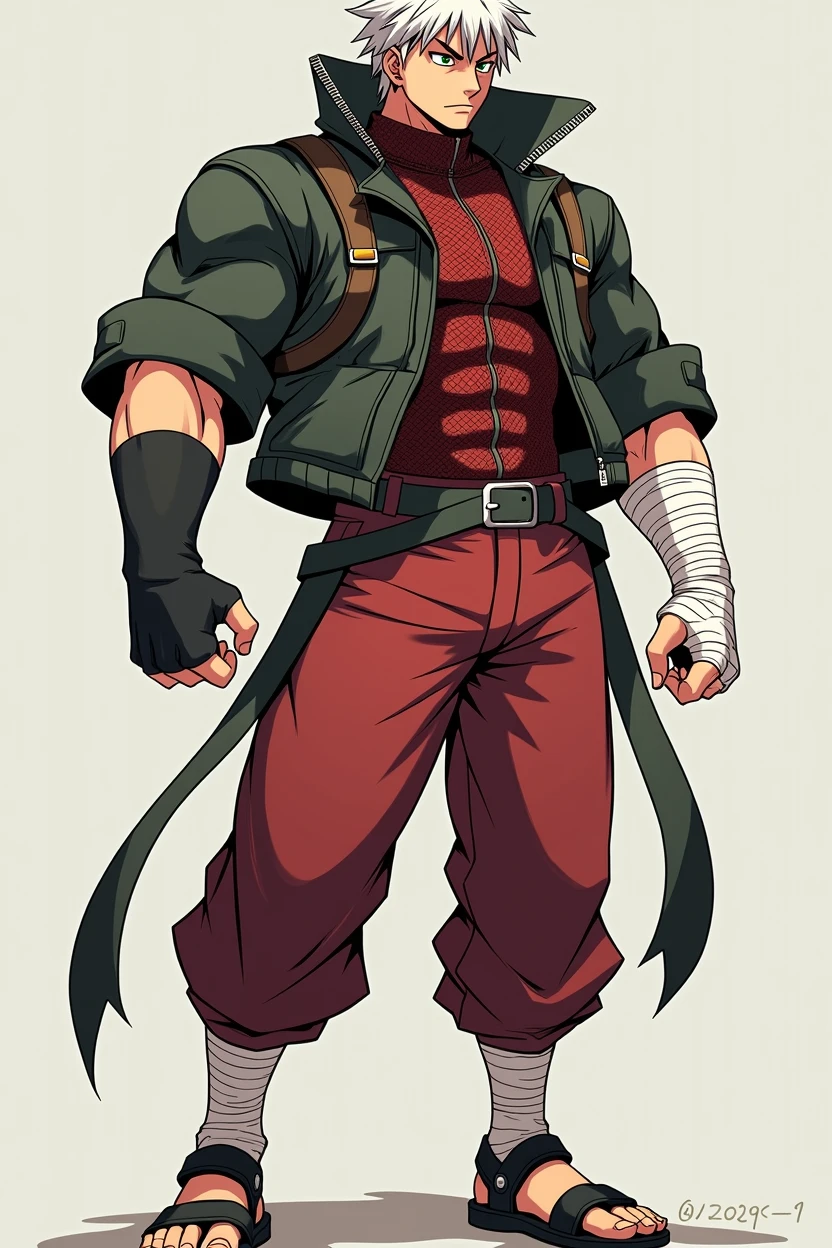 A dynamic illustration of Munashi Kurotani, a young yet imposing 15-year-old character standing at 203 cm with a muscular build. He has striking white hair and eyes that add to his intense presence. Munashi is dressed in a dark red, tight-fitting shirt made from special mesh fabric with a high collar and no sleeves, paired with slightly loose red combat pants. He wears dark-colored ninja sandals and a sturdy, zipped combat jacket over the shirt. His hands are wrapped in bandages, and both legs have hip pouches with additional bandages wrapped around them. Capture him in a reflective or intense training pose, showcasing his immense physical strength. The overall mood should convey his formidable presence with anime, webtoon, and manga art styles