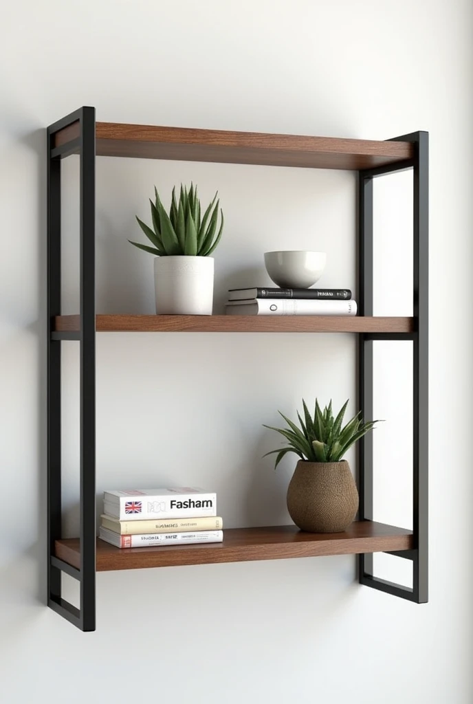 Create for me a small 2-tier industrial wall shelf with dimensions of 40 cm long and 21 cm wide with the wood in brown and the supports 30 cm high and 25 cm wide in black that is in an office.