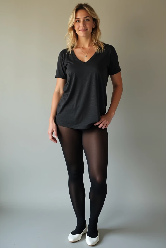 a pretty woman, 42 years old, blonde hair, pretty face, dark shirt, black tights, white ballerinas, FULL BODY shot