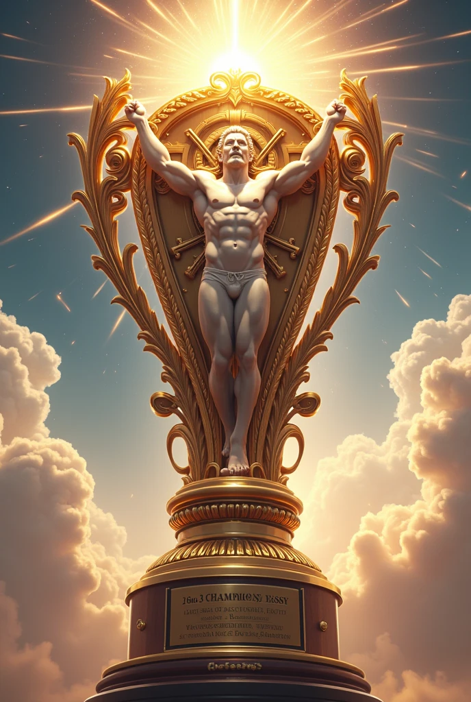 Create an image of a trophy that says "godlevel 3vs3 champions" ultra realistic