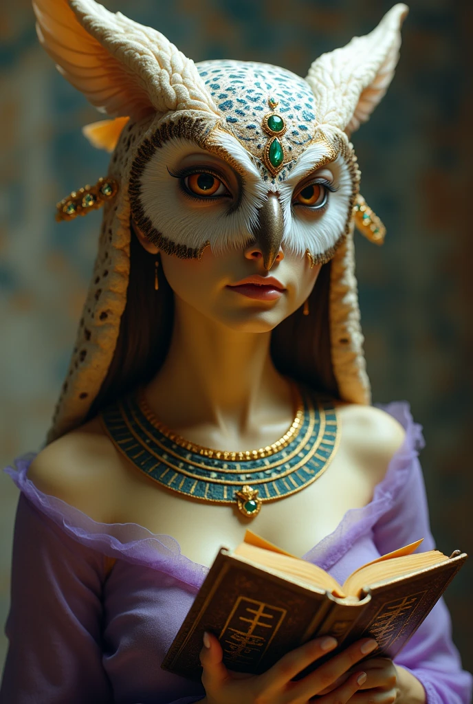 Human woman with yellowish skin, Egyptian semblance
Human body and owl head
Delicate purple clothing
Necklace of full gold and emerald jewels
Floating book with gold ornaments
Feminine features