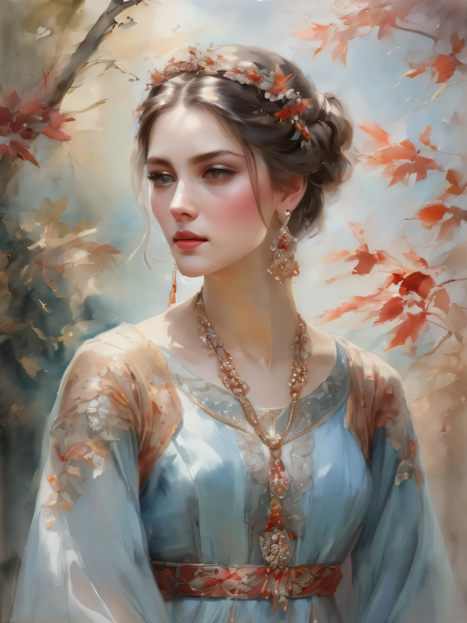 "A painting, in watercolor strokes, pastel tones depicts a beautiful woman with pale eyes, detailed eyelashes, and meticulously shaped eyebrows. Her face is exquisitely detailed, with a full mouth, lightly tanned skin, accentuated by a soft blush. Her long brown hair highlights cascade gracefully over exposed shoulders, (((Perfect Full Body))). Through the skillful use of soft colors and fluid shapes, she creates a fascinating visual experience that captures the essence of her subjects. and Bak's intimate emotions is done with tenderness and subtlety, resulting in a work of art that is both captivating and evocative capturing the golden light of the golden houer. She wears a delicate silver tiara, red stone with matching earrings and a. necklace adorned with dried flowers and leaves are subtly interwoven into her look, enhancing her ethereal presence. Her light fabric dresses, in shades of gray and soft blue, feature intricate and delicate embroidery. capturing the delicate beauty and serene elegance of the moment.