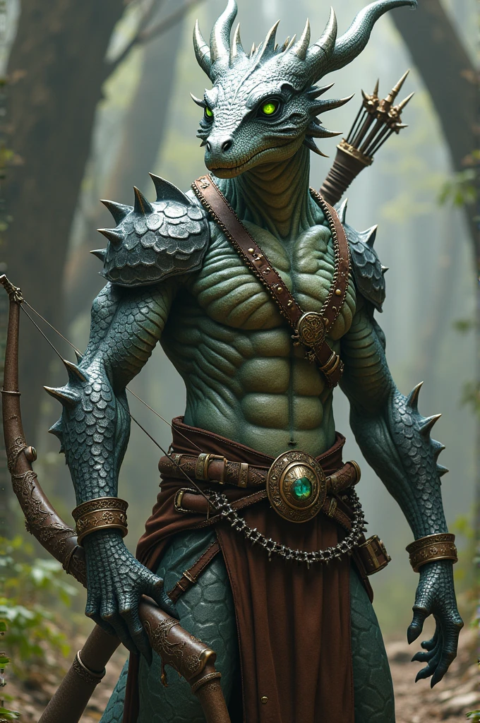 A Dungeons and Dragons character, it's a dracoid with silver scales (no skin) green eyes, He has no hair, He wears leather armor, with a longbow and a crossbow, has a quiver inlaid with magical runes and has an artifact in the form of a necklace around its neck