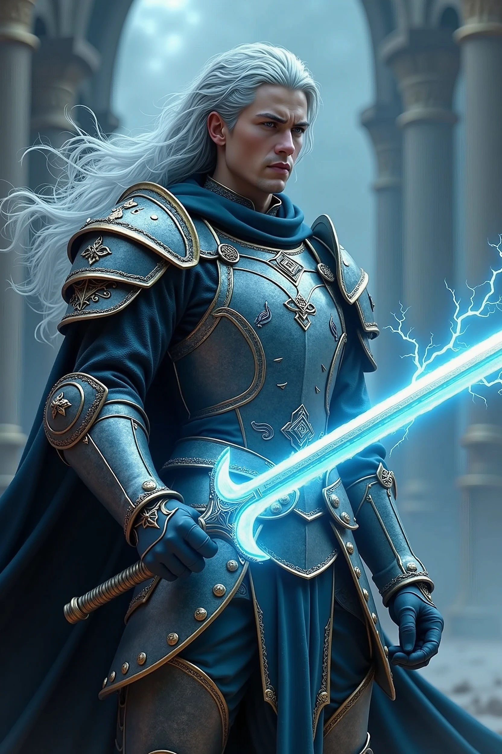 highest quality, 8k, hdr, (head to toe:1.4), Realistic, Human Man, early twenties in age, Russian Asian mixed heritage, sea blue natural hair with long thick platinum streaks, full figure, wearing fantasy armor, thick and heavy fantasy armor, Holding a glowing magical sword with wisps of lightning dancing off it