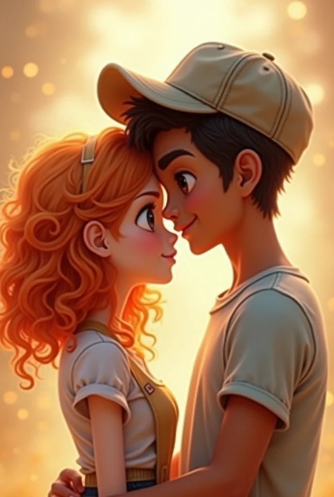 A cute couple, the girl is white with long, curly orange hair and the boy has dark skin and wears a cap.