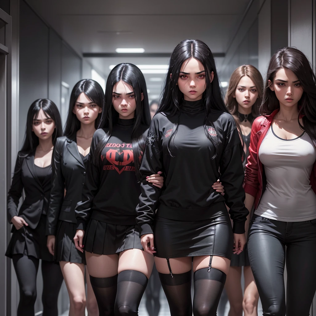 A hot and young female bully with black long hair and red eyes and dressed in black cool clothes in a school hallway she is in the front and center of the picture, she has her own gang of 3 bully girls behind her, the other bullys have blond hair and brown hair. Epic style, dark and gloomy atmosphere, darker colors