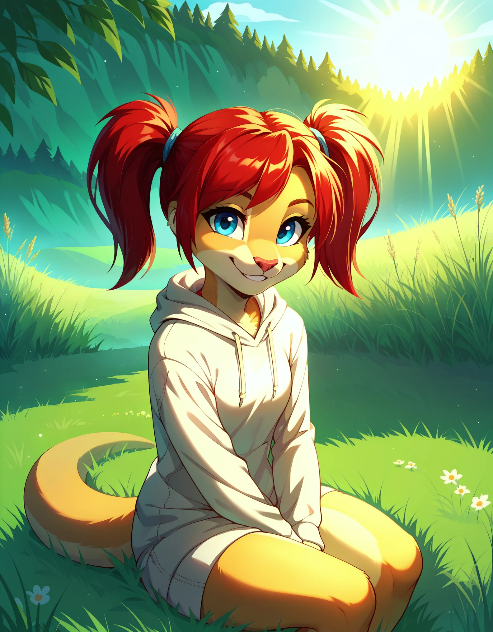 score_9, score_8_up, score_7, rating_ safe, source_furry, furry, camille_w, solo, red hair, twintails, blue eyes, hoodie, (kangaroo tail:0.7), sitting, outdoors, grass, looking at viewer, smile, cute, sunlight, natural lighting, 