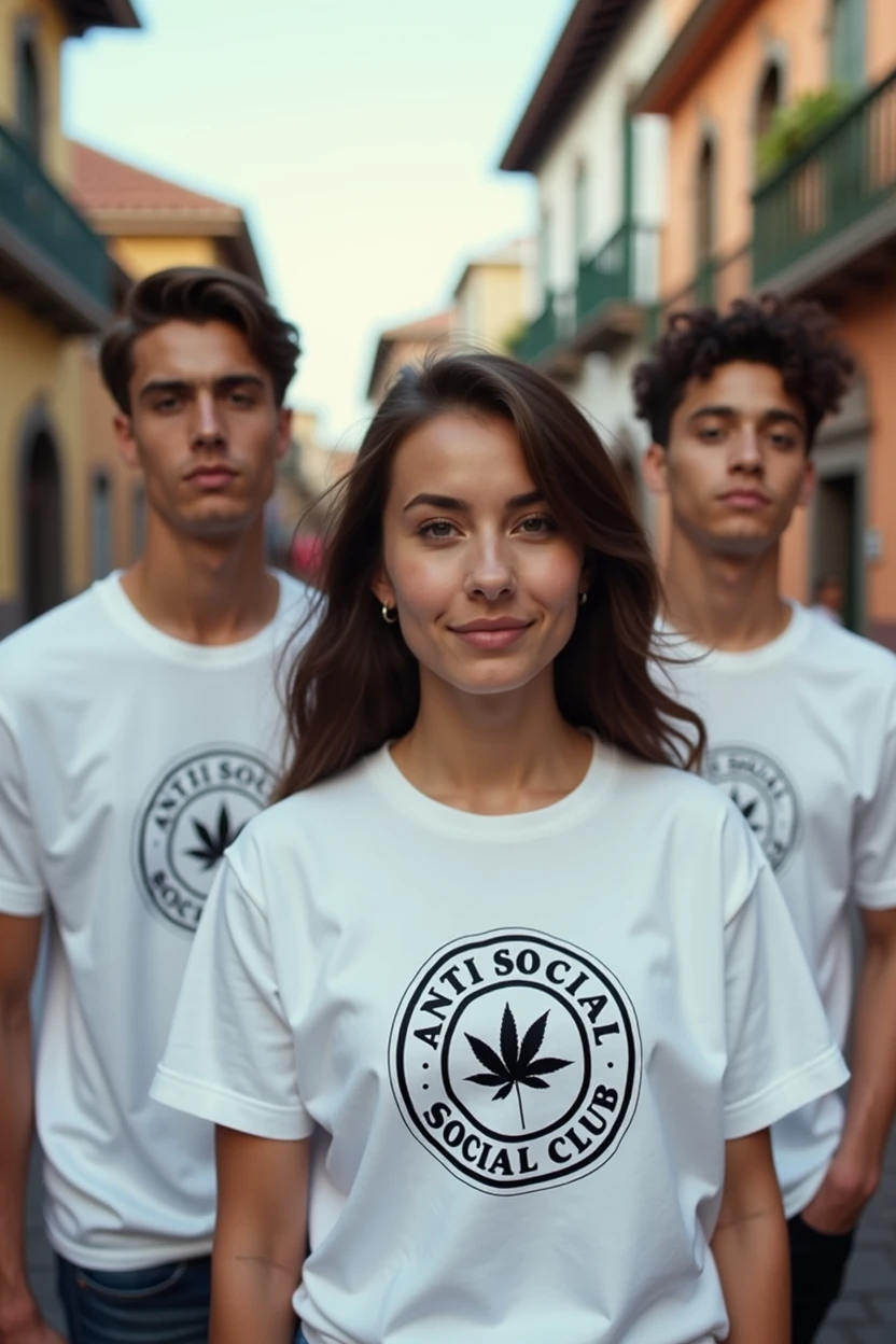 Photos of young men and women wearing white t-shirts with the Anti Social Social Club logo on the back in Cuenca, Ecuador