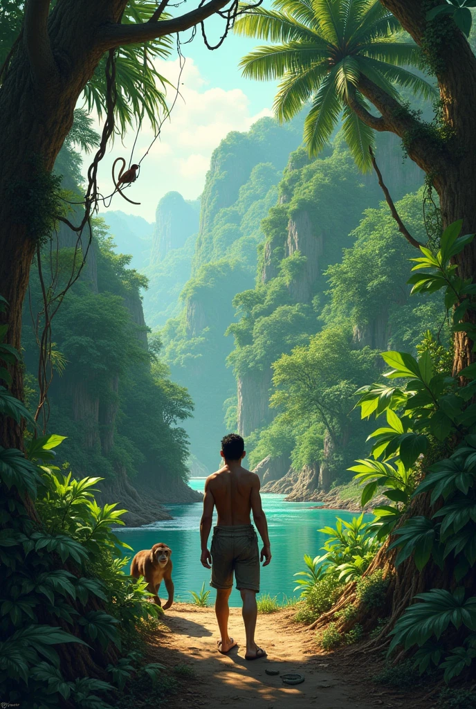 One of the scenes that could be easily illustrated is the moment when the protagonist, Arturo Cova, He arrives in the jungle for the first time. In this scene, various characteristics of the Amazonian environment can be seen that impact the protagonist, as well as elements that reflect the precariousness of workers in the rubber industry.
The dense jungle: It represents the lush vegetation, with tall trees, lianas and various vegetation. The jungle can be represented occupying most of the background, showing its thickness and mystery.
The protagonist: Arturo Cova, dressed in simple clothes and perhaps a worn-out look, is in the foreground. His gaze may reflect wonder and fear at the majesty and hostility of the environment..
Workers: Figures representing other workers can be included., with an expression of fatigue and suffering, symbolizing the hard life they lead in the rubber exploitation.
Elements of the jungle: Add characteristic animals, like monkeys, birds and snakes, to highlight the biodiversity and unpredictability of the place.
Amazon River: A representation of the river could be on one side, symbolizing transportation and connection, as well as the danger it represents for the characters.