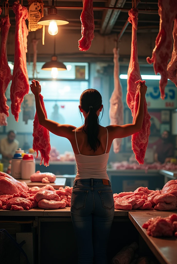 A butcher's shop in the Thailand night bars road in Bangkok , with raw meat hanging from railings and an old Thai Vintage Pepsi Advertising Poster on one wall. A Thai 30 years old sexy style woman is standing behind her counter, holding up two pieces of skin to show them off. She has dark hair tied back and wears blue jeans and a white top sexy fashion . The scene should be lit by natural light coming through small windows, creating shadows over the fresh animal parts spread out across the tables. In a sharp-focus photographic style. 