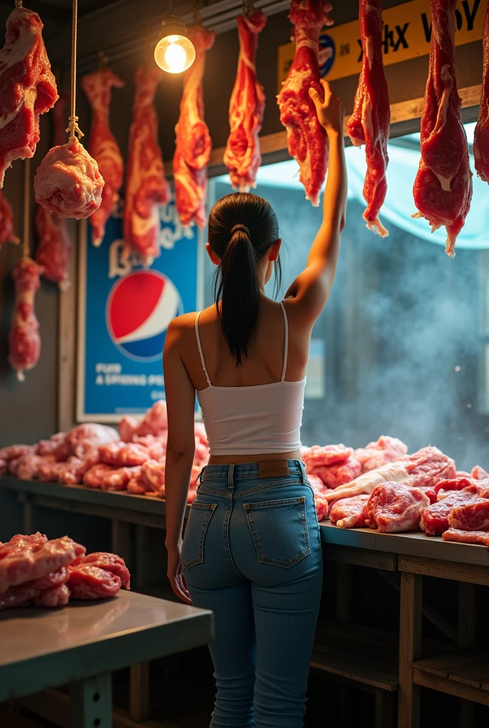 A butcher's shop in the Thailand night bars road in Bangkok , with raw meat hanging from railings and an old Thai Vintage Pepsi Advertising Poster on one wall. A Thai 30 years old sexy style woman is standing behind her counter, holding up two pieces of skin to show them off. She has dark hair tied back and wears blue jeans and a white top sexy fashion . The scene should be lit by natural light coming through small windows, creating shadows over the fresh animal parts spread out across the tables. In a sharp-focus photographic style.