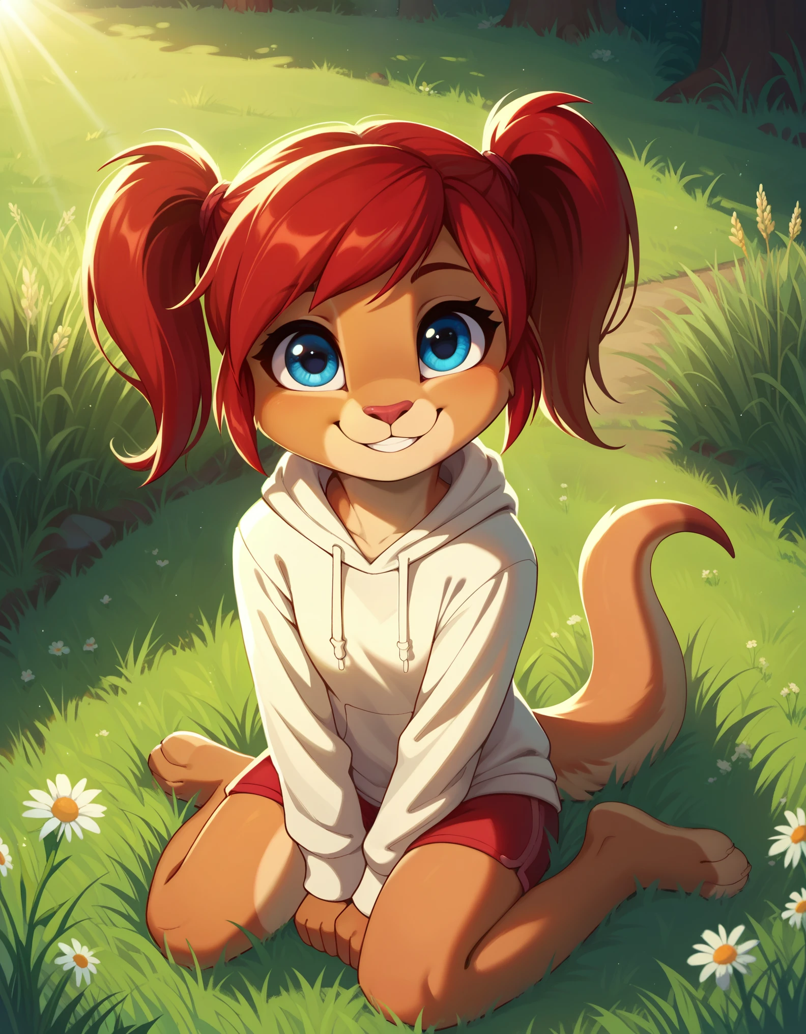 score_9, score_8_up, score_7, rating_ safe, source_furry, furry, camille_w, solo, red hair, twintails, blue eyes, hoodie, (kangaroo tail:0.7), sitting, outdoors, grass, looking at viewer, smile, cute, sunlight, natural lighting, 