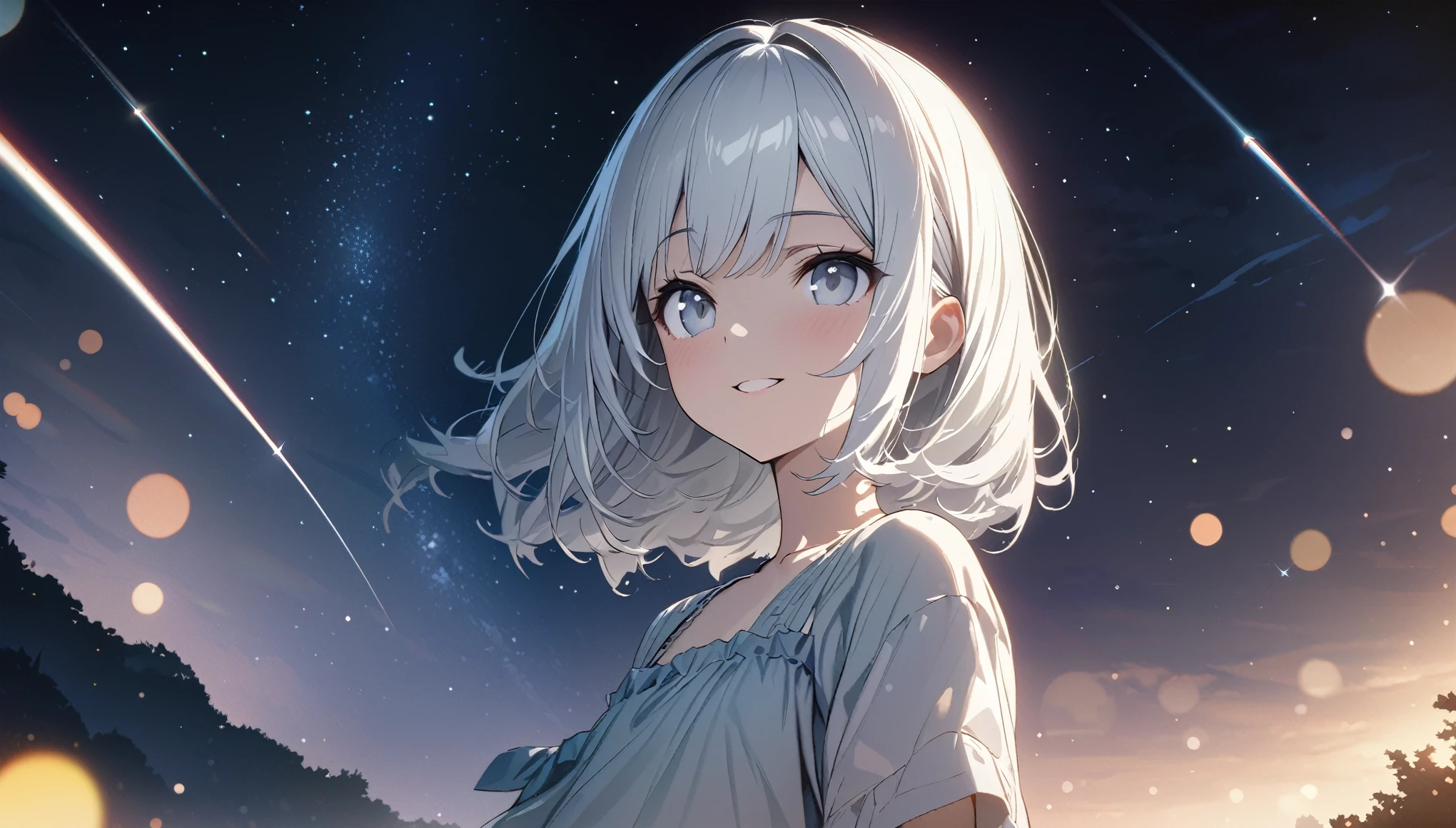 ((ultra-detailed))/(one women with short white hair and bob hair.、beautiful silver eyes,.、smile、gentle smile on her face、flat chest, one Beautiful girl,((masterpiece, illustration, best quality) ((ultra-detailed))/)Masterpiece\,upper body,standing on a field which is night time and there is a comet and a lot of stars in the sky,濃い青とBeautiful Blueのグラデーション, High resolution, 8K HD detail, hyper-detail, cinematic, surrealism, soft light, deep field focus bokeh, ray tracing and surrealism. --v6'