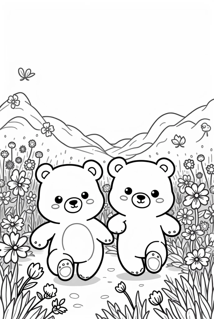 Draw me a kawaii colouring page for a kids colouring book with two kawaii bears running through a field of flowers. The picture should be a very simple lineart artwork