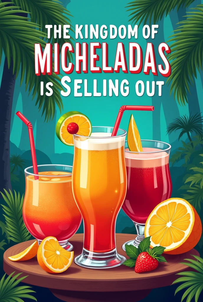 I need an image for a business that says the following texts as a title: THE KINGDOM OF MICHELADAS IS SELLING OUT:
· Bites · micheladas (Classical, Piña, mango y tamarindo
· Piña colada
· whisky a las rocas
· cuba libre
En español