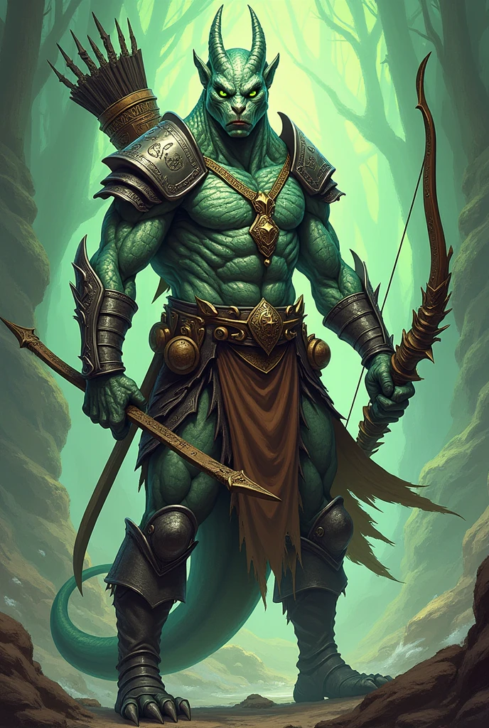 A Dungeons and Dragons character, it's a dracoid with silver scales (no skin) green eyes, He has no hair, He wears leather armor, with a longbow and a crossbow, with a quiver inlaid with magical runes and an artifact in the form of a necklace around his neck in a comic book style