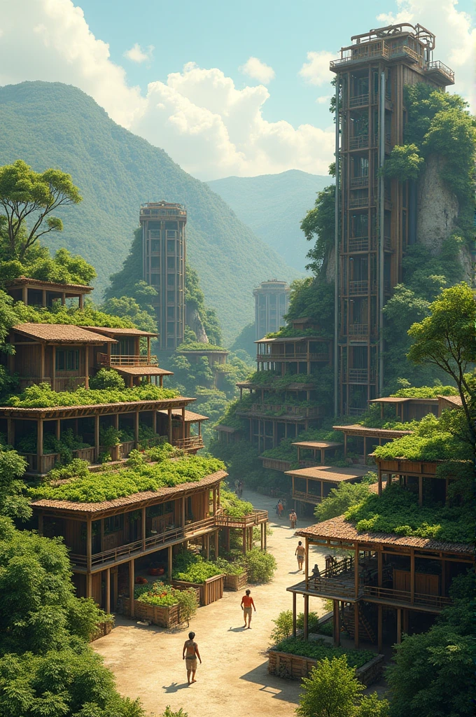 realisitic, economic autarchy, autossustentável, self-sufficient, small family industries, buildings with Embrapa system next to vertical plantations, elevators