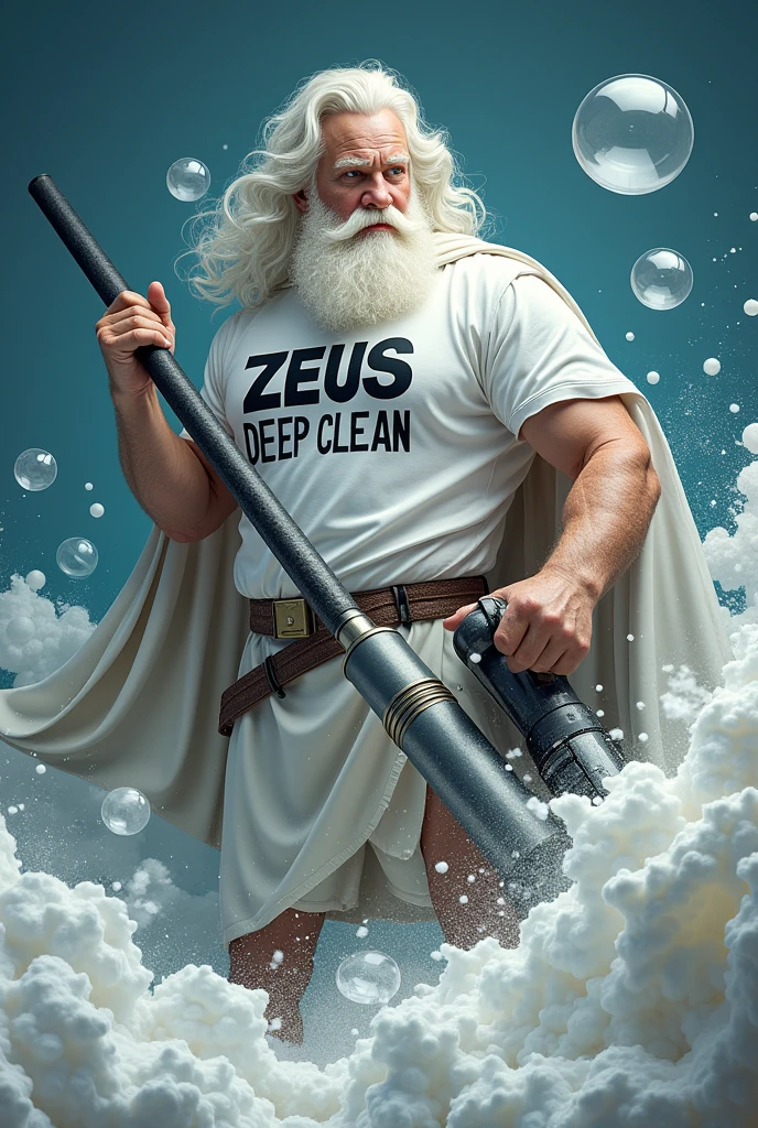 Nordic god Zeus, wearing a shirt that says Zeus deep clean, holding a vacuum cleaner, with foam and soap bubbles in the background