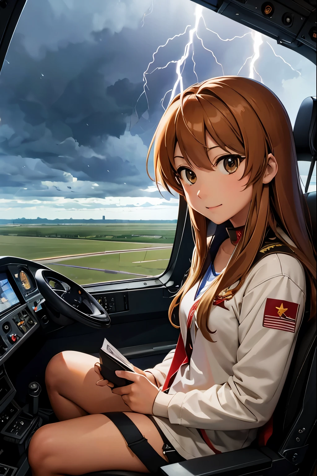 Taiga Aisaka F 35 pilot, Taiga Aisaka from the anime Toradora, inside a cockpit of an F 35 model fighter plane. Outside lightning, thunderbolts, storm clouds, aerial combat,