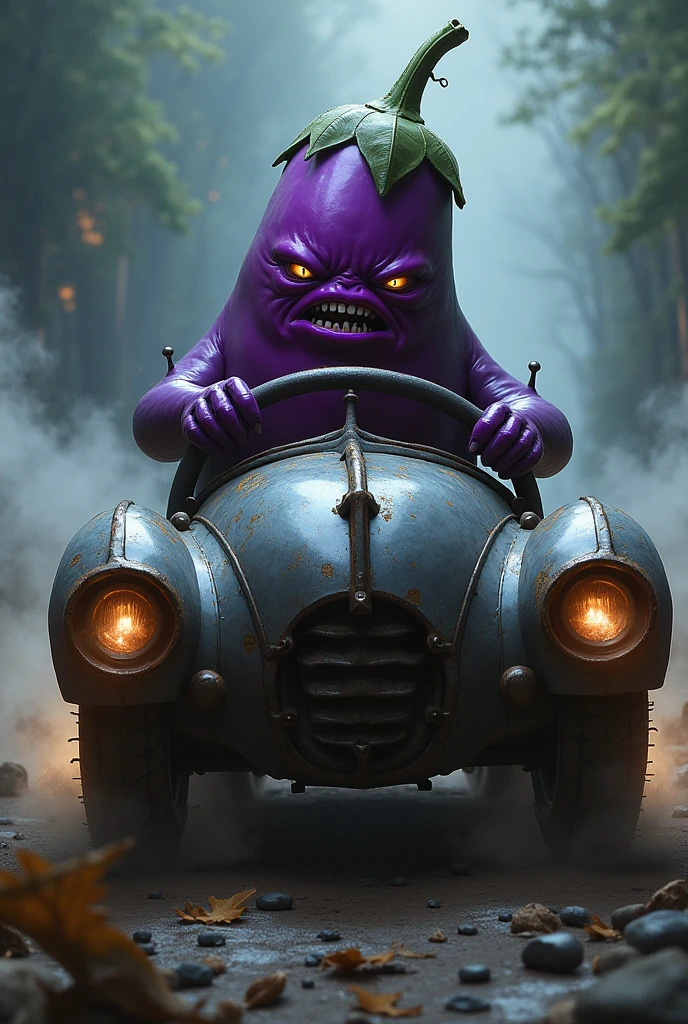 eggplant driving a scary car