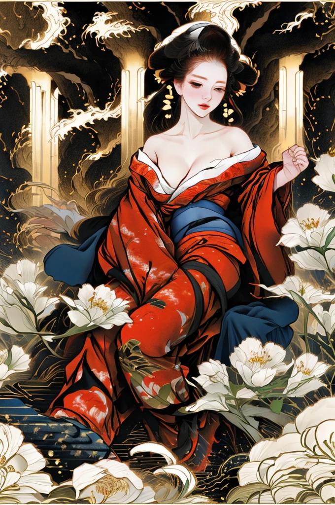 Off-the-shoulder outfit，One person girl，Large Breasts，lover，Hanfu，Flowers、Bronze colored hair