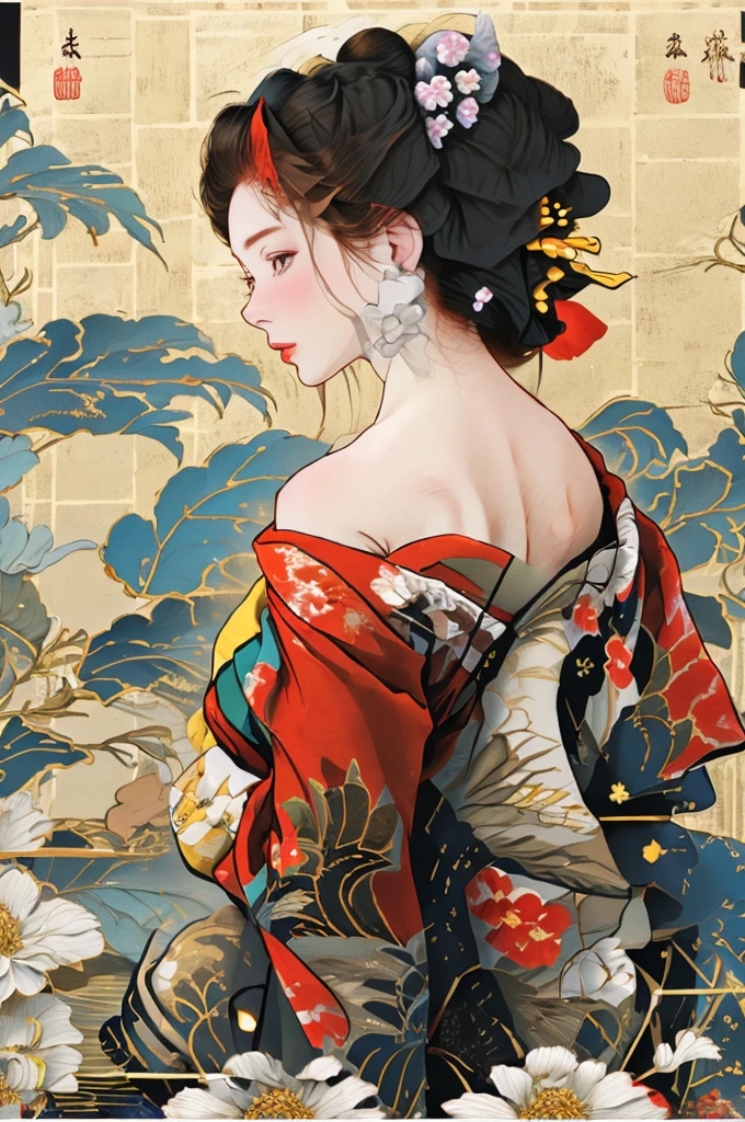 (masterpiece, best quality:1.2),Ukiyo-e style,flowers, birds, fish and insects,tree,animal,(masseter membrane、top quality、Ukiyo-e style、mystery、Exquisite and beautiful、official art、Sharaku:1.2)、(1 girl in:1.3)、(Fractal art:1.3)、cowboy shooting、White skin、clear fingers,beautiful fingers(beautiful brunette、kimono:1.2)、Set against the backdrop of traditional Japanese performing arts、rich and colorful、(reel、Belongs to Japanese style:1.2)、glowing skin、spread your legs,Camel toe showing thigh!!!、