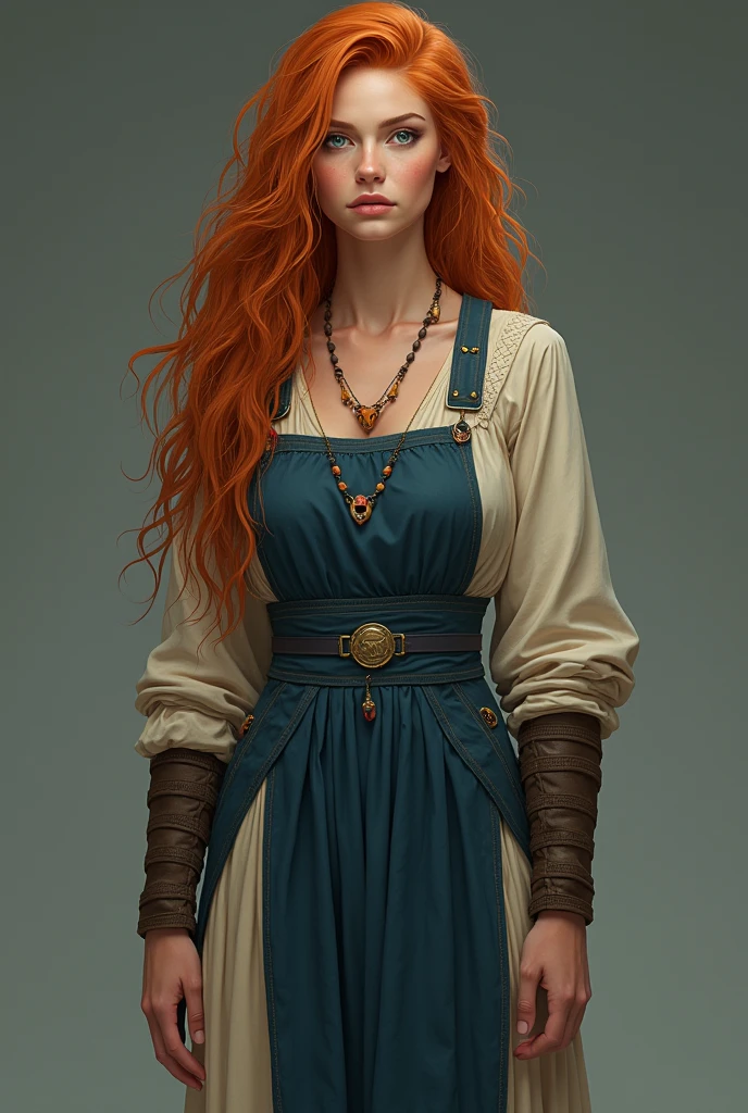 A woman, she's 1.79 tall, that's tall for a woman and she's practically the same height as Viggo, she's just 1cm shorter. She have wavy and long ginger hair, she's a redhead, her hair is have some dreadlocks but is still have some loose wavy strands, her hair is usually kinda combed back, so there's not a fringe. Her eyes have a greyish turquoise color, her eyes have thin-almond and slightly upturned shape, she have long downturned thick eyelashes, she have thick and high arched eyebrows, she have a ivory and light skin tone, she have some few freckles on her cheeks and nose she have a straight and slightly long nose, a defined jawline, medium lips, she have quite handsome/beautiful and attractive features, her features are not girly or too delicate, she looks more intense and strong, she's not conventionally feminine, but still has a certain feminine charm, but not delicate, after all she's a warrior. Her body is is athletic but nor overly bulky, you know, she's not too muscular like a man but she's toned, and she have some pretty curves too, she large breasts, medium shoulders, a small waist, wide hips, toned and strong legs, thick and defined thighs, toned and slightly thick arms, nice ass, slightly defined abs, defined collarbone and slender hands. She is a very beautiful woman. She has an intense and somewhat intimidating look. Now she is wearing a beige linen dress and a dark blue norse apron dress of the same length as the linen dress under it, she is also wearing a blue belt a little darker than the one in the fabric apron dress around her waist, she is also wearing it, in the straps part of the apron dress there is a small golden medallion one on each side which is what holds the straps, and attached to these medallions is a small necklace of small stones in shades of red, orange and yellow, she's wearing a brown knee-high boot and she's also wearing a necklace made of bear fangs. 