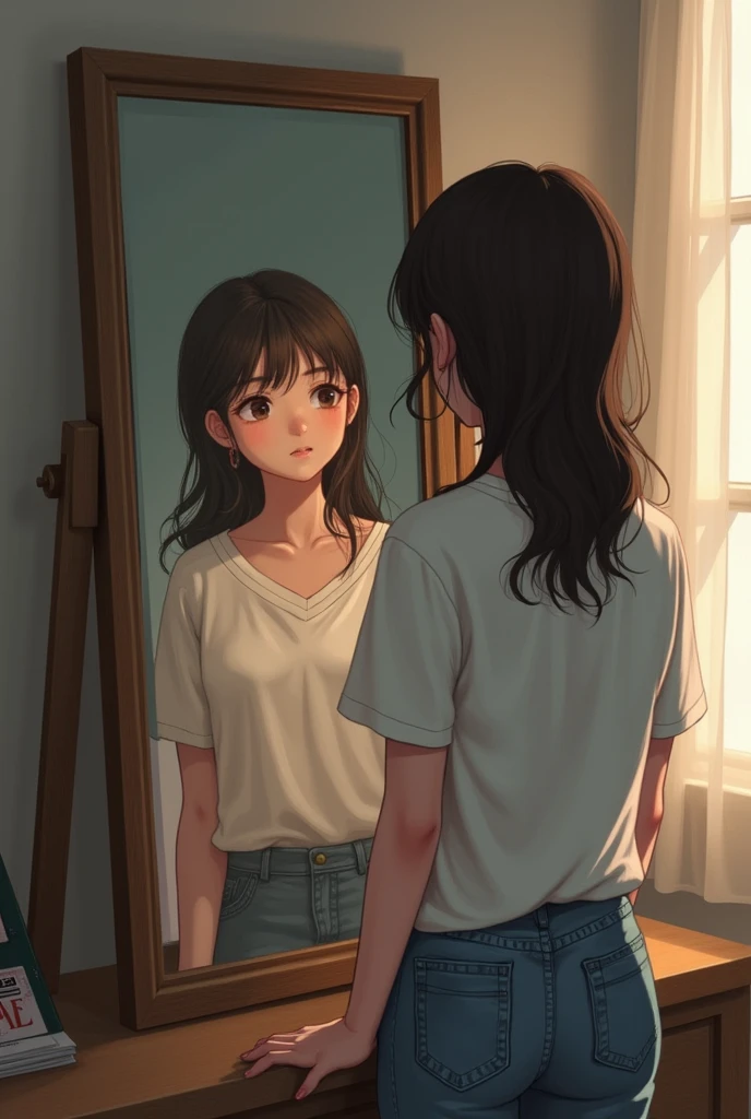 A girl sitting looking at herself in the mirror, but the mirror doesn't reflect her face, while the girl thinks about what to wear for her day