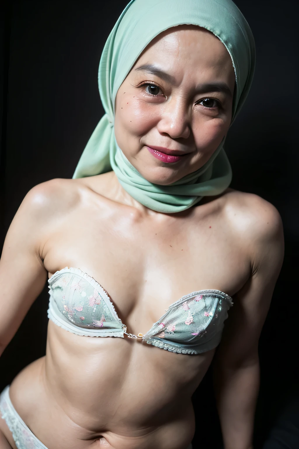 ((4x-UltraSharp)), ((Old lady:1.5)), ((FLAT CHEST:1.6)), (Happy smile), (((HIJAB MALAY GIRL))), masutepiece, High quality, UHD 32K, Realistic face, Realistic skin feeling , A Japanese Lady, 58 years old matured lady, , Very cute and baby-like face, (((FLAT CHEST))), (Night time at forest), ((look In front  at the camera and SADNESS)), (((WHITE FLUORESCENT))), (((CUTE GIRL))), ((LIGHT GREEN FLUORESCENT LIPS)), ((Floral Pattern)) little wearing strapless bra, strapless colorful bra, dark night background , black forest night, horror scary place, (from behind up) seductive pose