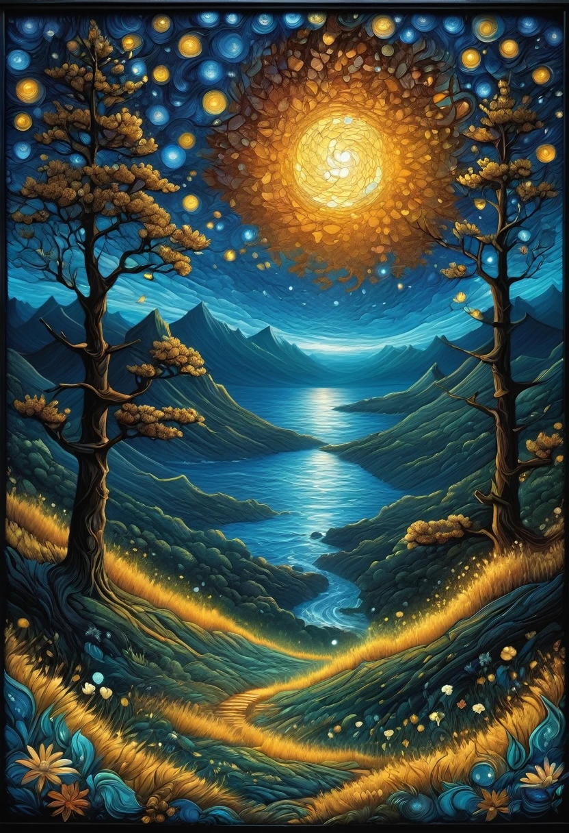 fine art, oil painting, best quality, dark tales, Cape Town in the  Van Gogh  style, starry sky, Dan Mumford, Andy Kehoe, 2d, flat, cute, adorable, vintage, art on a cracked paper, patchwork, stained glass,  fairytale, storybook detailed illustration, cinematic, ultra highly detailed, tiny details, beautiful details, mystical, luminism, vibrant colors, complex background