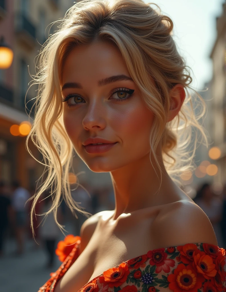 (Photorealistic realism 16K quality), ((ultra insanel quality 16K, professional digital art:1.2)), ((focus sharp on extremely Realistic Proportion Body, Anatomically Correct:1.2)), Beautiful Girl, Half Body Portrait, Black Eye Shadow, ((Street Style Wear:1.35) )), (city background:1.25), finer details, intricate, beautiful details glow, (super details beautiful, slim and sharp features), (bright pale complexion). break, (insanely detailed brown_ eyes:1.25), (tired, sleepy and satisfied:0.0), perfect round eyes, (finely detailed pupils:1.3), detailed, ((smiling, joyful face)), (perfect composition), Depth of field, cinematic light, Lens flare, dslr, best high quality soft lighting, sharp focus captured by Fujifilm XT3, f 5.6, in a dramatic lighting, ((Best Quality)) ,((masterpiece)), intricate details, dry skin, best high quality real texture skin, (A woman with velvety skin:1.3), (best high quality real texture hair), (blonde hair(wavy combed up, behind the ear:1.22)), (firm big full breasts), (slim muscled body), she is the embodiment of beauty and allure, ((Dressed in a breath taking, silk Dolce & Gabbana.Floral dress:1.3)), elegant fashion intricately detailed:1.28), floral couture, (clothes made of silk and flower:1.3), 3/5 long, (closeup to her face)